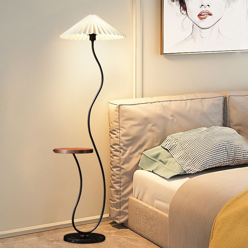 Floor Lamp Cream Curved Fabric Shade with Table3