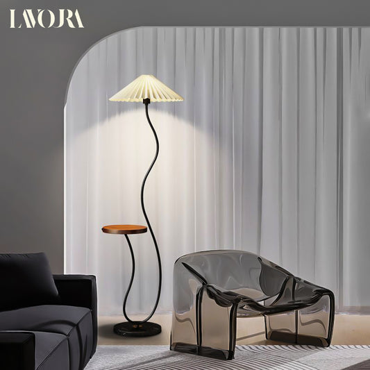 Floor Lamp Cream Curved Fabric Shade with Table3