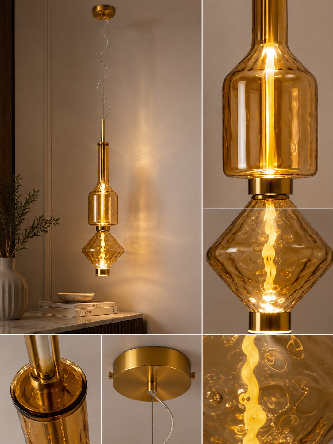 Amber Glass Sculptural Pendant Light